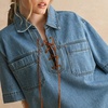 image:imageCHARTOU Women Summer Denim Mini Dress Lapel Drawstring V Neck Short Sleeve Shift Jean Dress with PocketsBlue