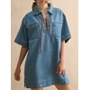 image:imageCHARTOU Women Summer Denim Mini Dress Lapel Drawstring V Neck Short Sleeve Shift Jean Dress with PocketsBlue