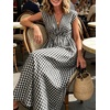 image:imageCHARTOU Women Summer Plaid Maxi Dress V Neck Short Sleeve Back Elastic Waist A Line Sundress with PocketsBlack
