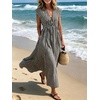 image:imageCHARTOU Women Summer Plaid Maxi Dress V Neck Short Sleeve Back Elastic Waist A Line Sundress with PocketsBlack