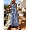 image:imageCHARTOU Women Summer Plaid Maxi Dress V Neck Short Sleeve Back Elastic Waist A Line Sundress with PocketsBlue