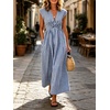 image:imageCHARTOU Women Summer Plaid Maxi Dress V Neck Short Sleeve Back Elastic Waist A Line Sundress with PocketsBlue
