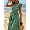 image:imageCHARTOU Women Summer Plaid Maxi Dress V Neck Short Sleeve Back Elastic Waist A Line Sundress with PocketsGreen