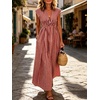 image:imageCHARTOU Women Summer Plaid Maxi Dress V Neck Short Sleeve Back Elastic Waist A Line Sundress with PocketsRed