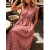 image:imageCHARTOU Women Summer Plaid Maxi Dress V Neck Short Sleeve Back Elastic Waist A Line Sundress with PocketsRed