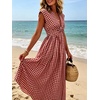 image:imageCHARTOU Women Summer Plaid Maxi Dress V Neck Short Sleeve Back Elastic Waist A Line Sundress with PocketsRed