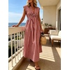 image:imageCHARTOU Women Summer Plaid Maxi Dress V Neck Short Sleeve Back Elastic Waist A Line Sundress with PocketsRed