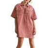 image:imageCHARTOU Women Summer Denim Mini Dress Lapel Drawstring V Neck Short Sleeve Shift Jean Dress with PocketsPink