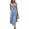 image:imageCHARTOU Women Summer Plaid Maxi Dress V Neck Short Sleeve Back Elastic Waist A Line Sundress with PocketsBlue