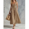 image:imageCHARTOU Women Button Front Overall Dress Summer Square Neck Pleated A Line Flowy Long Dress with PocketsKhaki