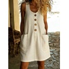 image:imageCHARTOU Women Cotton Linen Mini Dress Summer Casual Button Front Overall Dress with PocketsBeige