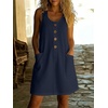 image:imageCHARTOU Women Cotton Linen Mini Dress Summer Casual Button Front Overall Dress with PocketsNavy