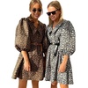 image:imageCHARTOU Women Puff 34 Sleeve Short Dress Summer Leopard Print Peter Pan Collar Mini Dress with BeltBrown
