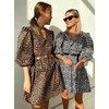 image:imageCHARTOU Women Puff 34 Sleeve Short Dress Summer Leopard Print Peter Pan Collar Mini Dress with BeltBrown