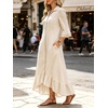 image:imageCHARTOU Women Ruffle Peplum Denim Maxi Dress Lapel Button Down 34 Flared Sleeve Shift Jean Dress with PocketsBeige