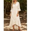 image:imageCHARTOU Women Ruffle Peplum Denim Maxi Dress Lapel Button Down 34 Flared Sleeve Shift Jean Dress with PocketsBeige