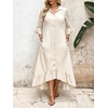 image:imageCHARTOU Women Ruffle Peplum Denim Maxi Dress Lapel Button Down 34 Flared Sleeve Shift Jean Dress with PocketsBeige