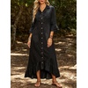 image:imageCHARTOU Women Ruffle Peplum Denim Maxi Dress Lapel Button Down 34 Flared Sleeve Shift Jean Dress with PocketsBlack