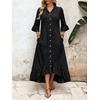 image:imageCHARTOU Women Ruffle Peplum Denim Maxi Dress Lapel Button Down 34 Flared Sleeve Shift Jean Dress with PocketsBlack