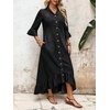 image:imageCHARTOU Women Ruffle Peplum Denim Maxi Dress Lapel Button Down 34 Flared Sleeve Shift Jean Dress with PocketsBlack