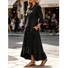 image:imageCHARTOU Women Ruffle Peplum Denim Maxi Dress Lapel Button Down 34 Flared Sleeve Shift Jean Dress with PocketsBlack