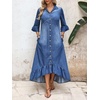 image:imageCHARTOU Women Ruffle Peplum Denim Maxi Dress Lapel Button Down 34 Flared Sleeve Shift Jean Dress with PocketsBlue
