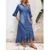 image:imageCHARTOU Women Ruffle Peplum Denim Maxi Dress Lapel Button Down 34 Flared Sleeve Shift Jean Dress with PocketsBlue