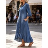 image:imageCHARTOU Women Ruffle Peplum Denim Maxi Dress Lapel Button Down 34 Flared Sleeve Shift Jean Dress with PocketsBlue