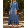 image:imageCHARTOU Women Ruffle Peplum Denim Maxi Dress Lapel Button Down 34 Flared Sleeve Shift Jean Dress with PocketsBlue