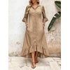 image:imageCHARTOU Women Ruffle Peplum Denim Maxi Dress Lapel Button Down 34 Flared Sleeve Shift Jean Dress with PocketsKhaki