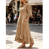 image:imageCHARTOU Women Ruffle Peplum Denim Maxi Dress Lapel Button Down 34 Flared Sleeve Shift Jean Dress with PocketsKhaki