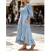 image:imageCHARTOU Women Ruffle Peplum Denim Maxi Dress Lapel Button Down 34 Flared Sleeve Shift Jean Dress with PocketsLight Blue