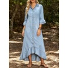 image:imageCHARTOU Women Ruffle Peplum Denim Maxi Dress Lapel Button Down 34 Flared Sleeve Shift Jean Dress with PocketsLight Blue