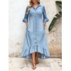 image:imageCHARTOU Women Ruffle Peplum Denim Maxi Dress Lapel Button Down 34 Flared Sleeve Shift Jean Dress with PocketsLight Blue
