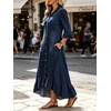image:imageCHARTOU Women Ruffle Peplum Denim Maxi Dress Lapel Button Down 34 Flared Sleeve Shift Jean Dress with PocketsNavy Blue
