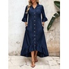 image:imageCHARTOU Women Ruffle Peplum Denim Maxi Dress Lapel Button Down 34 Flared Sleeve Shift Jean Dress with PocketsNavy Blue