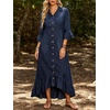 image:imageCHARTOU Women Ruffle Peplum Denim Maxi Dress Lapel Button Down 34 Flared Sleeve Shift Jean Dress with PocketsNavy Blue