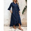 image:imageCHARTOU Women Ruffle Peplum Denim Maxi Dress Lapel Button Down 34 Flared Sleeve Shift Jean Dress with PocketsNavy Blue