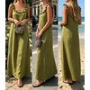image:imageCHARTOU Womens Summer Linen Midi Dress Ruffle Sleeveless Casual Loose Long Tank Dress Beach Cover Up Sundress with PocketsGreen