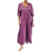image:imageCHARTOU Women 34 Sleeve Cotton Linen Shift Long Dress Summer Tie Front Eyelet Loose Tunic Tiered Maxi DressPurple