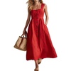image:imageCHARTOU Women Button Front Overall Dress Summer Square Neck Pleated A Line Flowy Long Dress with PocketsRed