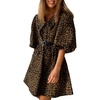 image:imageCHARTOU Women Puff 34 Sleeve Short Dress Summer Leopard Print Peter Pan Collar Mini Dress with BeltBrown