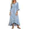 image:imageCHARTOU Women Ruffle Peplum Denim Maxi Dress Lapel Button Down 34 Flared Sleeve Shift Jean Dress with PocketsLight Blue