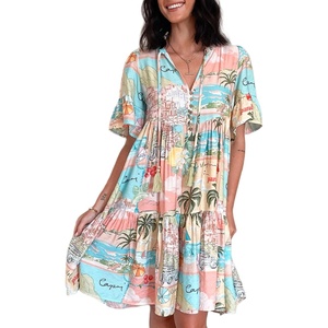 image:imageCHARTOU Women 2025 Tie Front Boho Beach Vacation Dress Short Sleeve Ruffle Floral Babydoll DressBlue