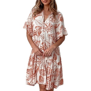 image:imageCHARTOU Women 2025 Tie Front Boho Beach Vacation Dress Short Sleeve Ruffle Floral Babydoll DressBrick Red