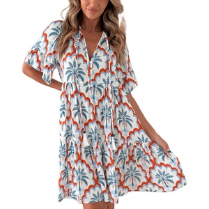 image:imageCHARTOU Women 2025 Tie Front Boho Beach Vacation Dress Short Sleeve Ruffle Floral Babydoll DressRed