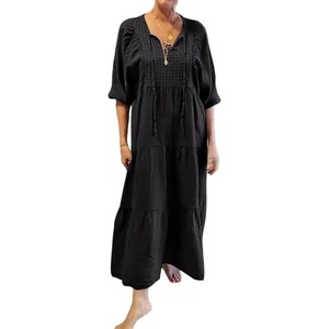 image:imageCHARTOU Women 34 Sleeve Cotton Linen Shift Long Dress Summer Tie Front Eyelet Loose Tunic Tiered Maxi DressBlack