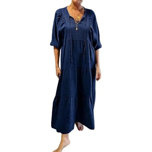 image:imageCHARTOU Women 34 Sleeve Cotton Linen Shift Long Dress Summer Tie Front Eyelet Loose Tunic Tiered Maxi DressNavy