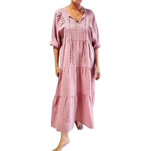 image:imageCHARTOU Women 34 Sleeve Cotton Linen Shift Long Dress Summer Tie Front Eyelet Loose Tunic Tiered Maxi DressPink