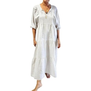 image:imageCHARTOU Women 34 Sleeve Cotton Linen Shift Long Dress Summer Tie Front Eyelet Loose Tunic Tiered Maxi DressWhite